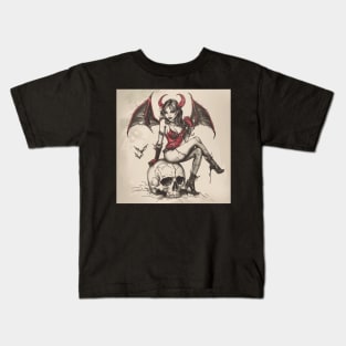 Demon Woman Sitting on Skull Vintage Sketch Kids T-Shirt